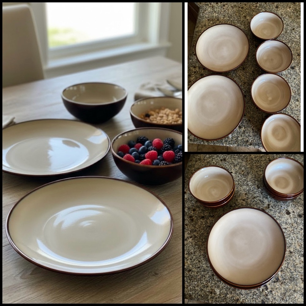 Sango Nova Brown 4933 Stoneware 2 Dinner Plates 4 Bowls Two Toned Dinnerware Set